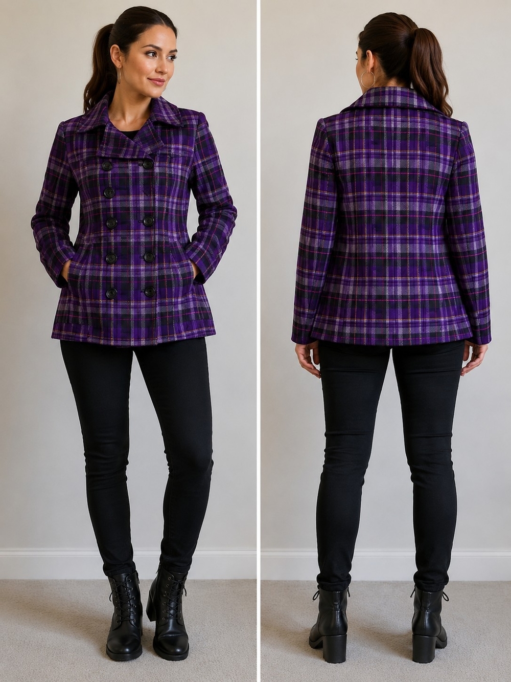 LA Kitty Purple Plaid Peacoat Jacket Women's Medium M Double Breasted Coat Trenc